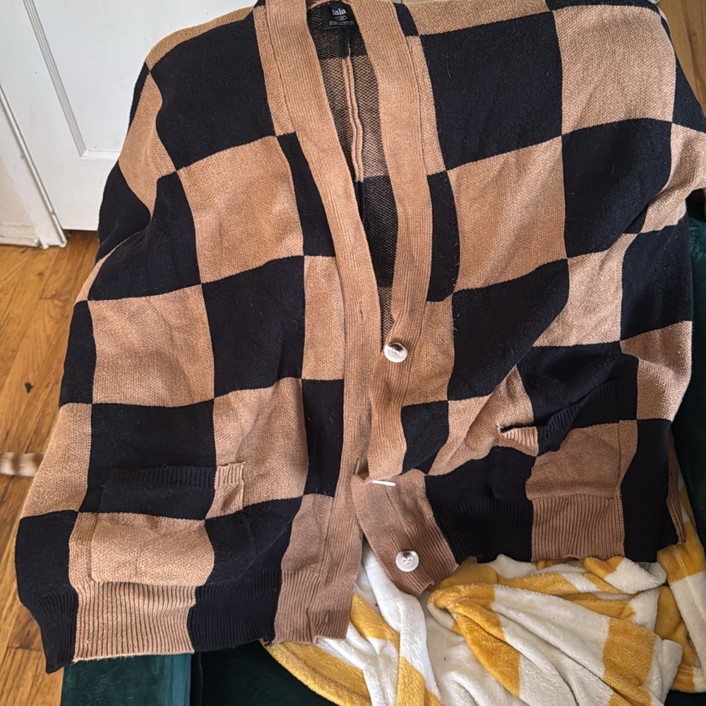 Love You Oversized Checkerboard Cardigan in Black + Latte